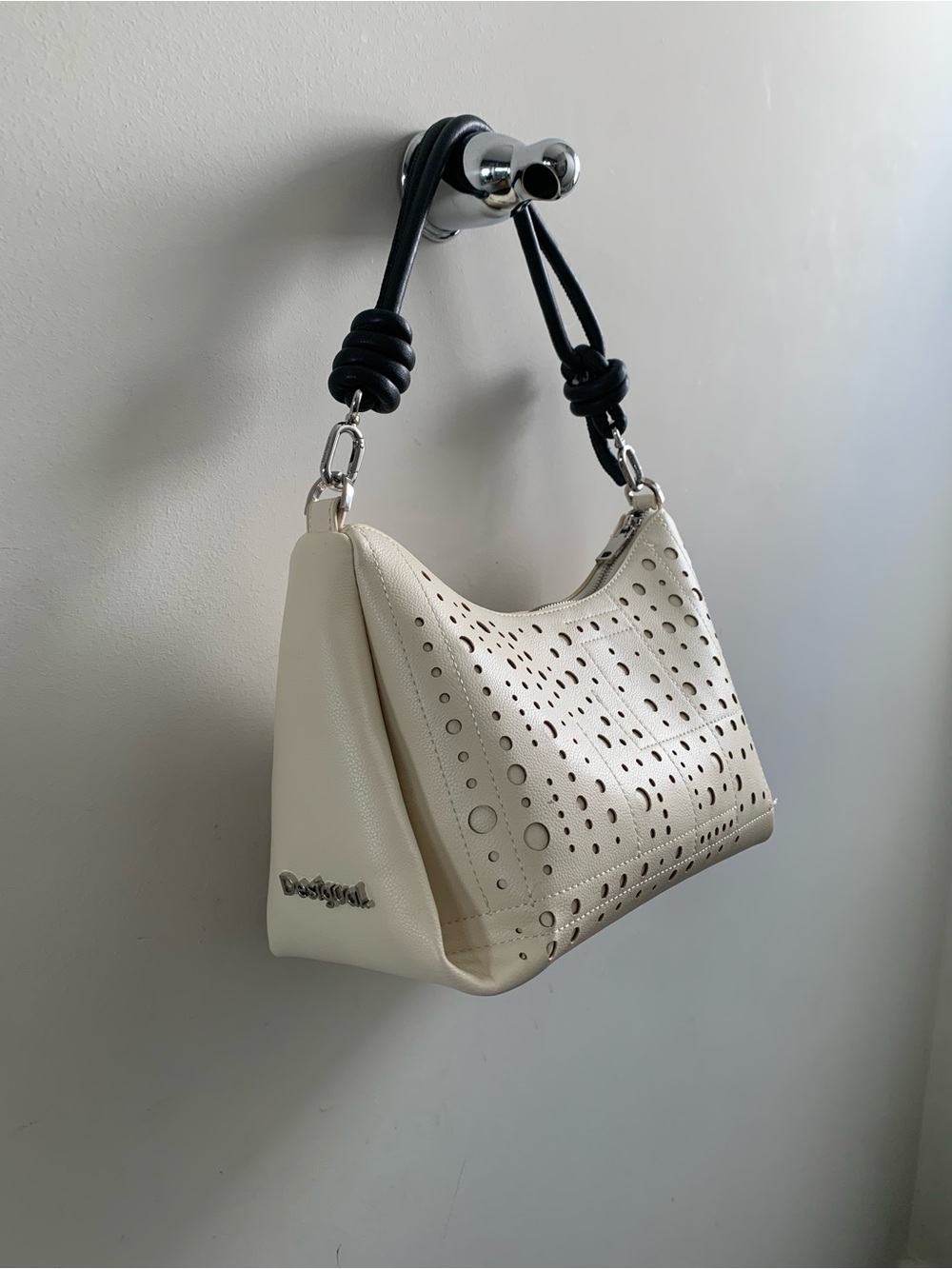 Desigual Cream Perforated Baguette Shoulder Bag with Black Knotted Strap